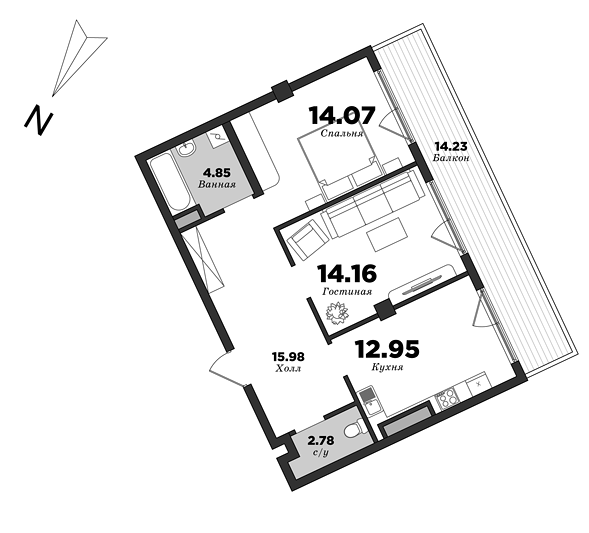 Esper Club, 2 спальни, 69.06 м² | планировка элитных квартир Санкт-Петербурга | М16